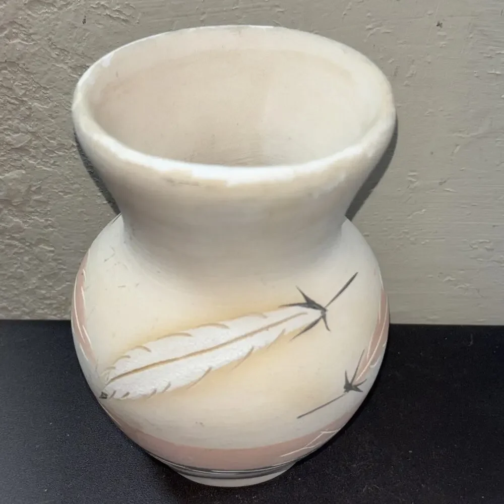 Rose Feathers Desert Pueblo Vase Painted Stoneware Pottery Signed 6